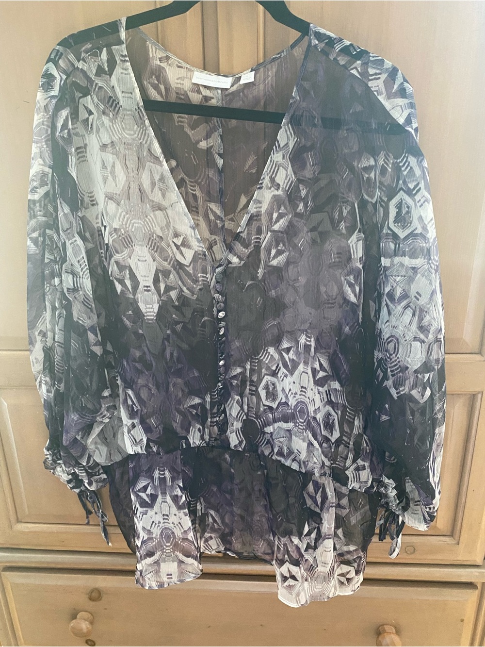 New York & Company Black and White Sheer Geometric V-Neck Blouse